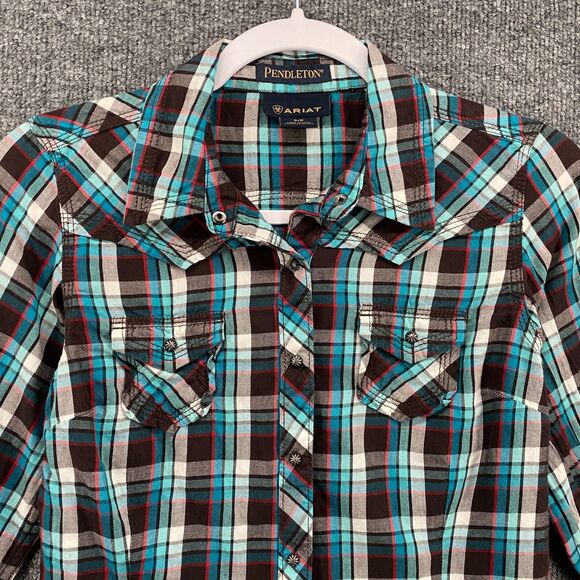 Ariat Pendleton Shirt Womens S Plaid Metal Snap On Studded Western Ranch Grunge - Picture 2 of 12